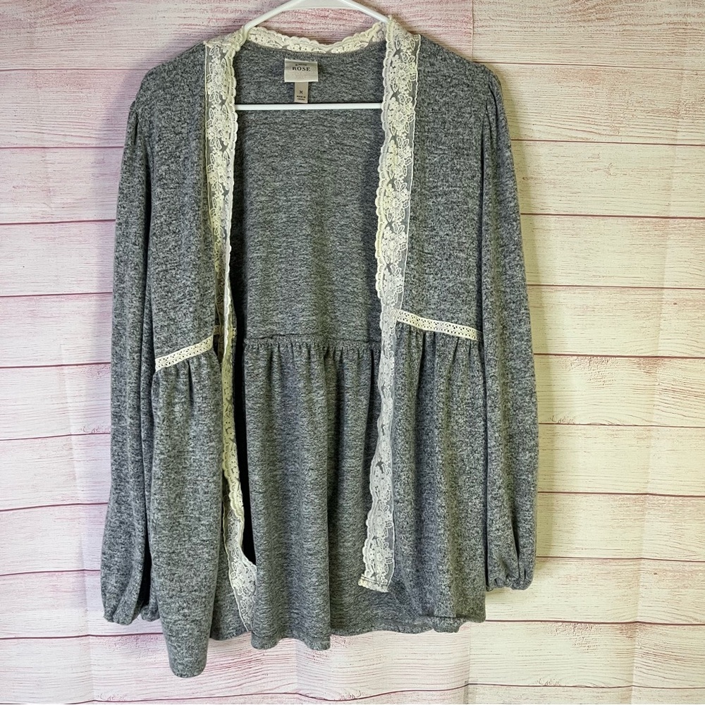 Knox Rose‎ Gray Open Front Lace Trim Cardigan Sweater  Size Medium